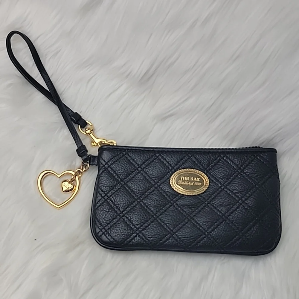 THE SAK Black Quilted Leather Gold Tone Hardware Heart Charm Wristlet Wallet Bag